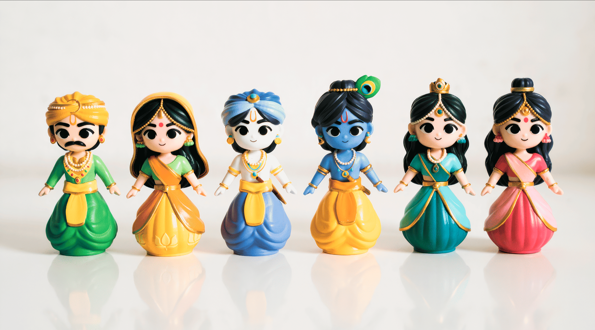 6 toys: Krishna, Radharani, Lalita, Balarama, Yashoda and Nanda Maharaj.