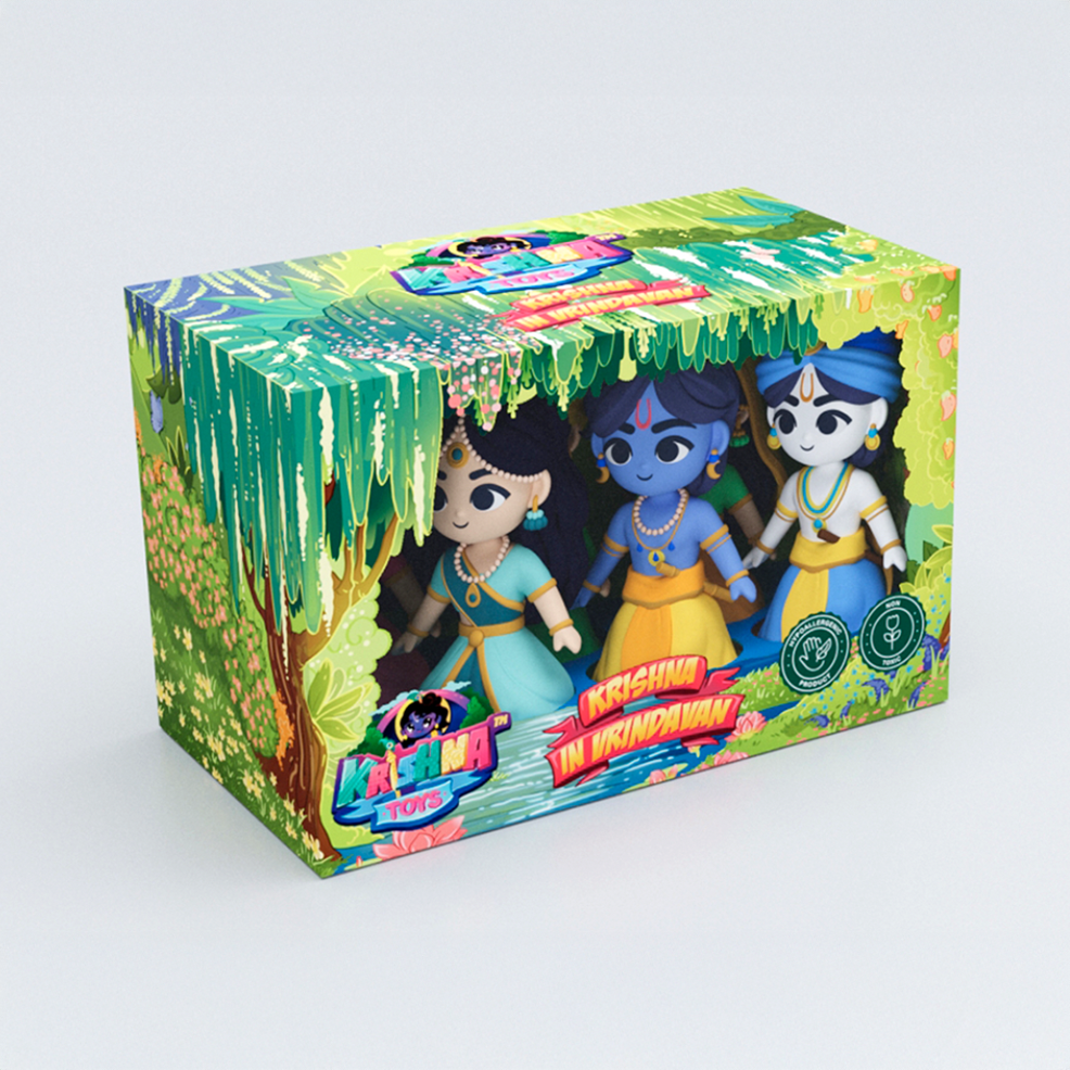 Gift box of the playset with a printed Vrindavan forest and a window showing the figures inside